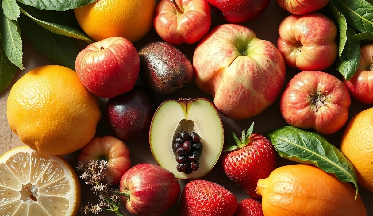 Una vibrante composición de ingredientes naturales como frutas frescas, hierbas aromáticas y un rayo de sol brillante, evocando salud, vitalidad y pureza.