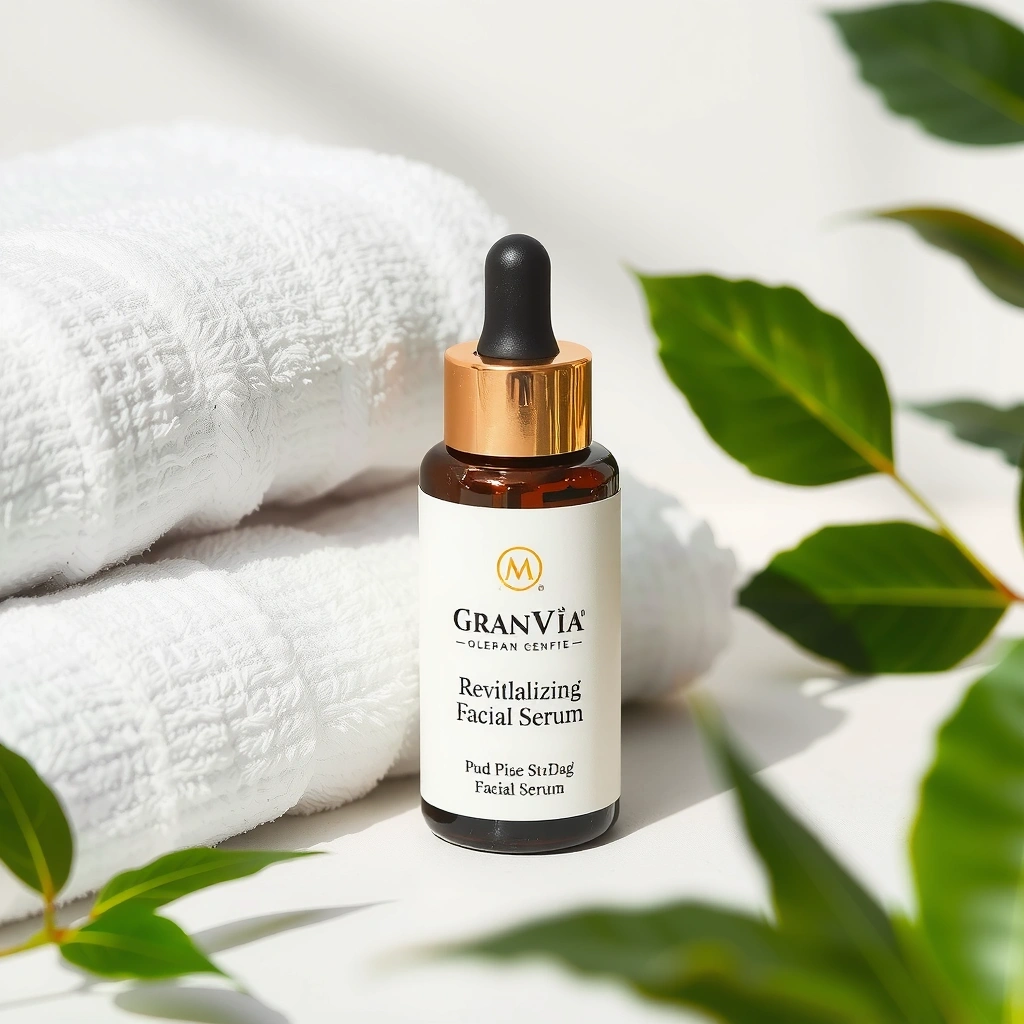Suero facial Granviavb en un entorno de spa con toallas y plantas