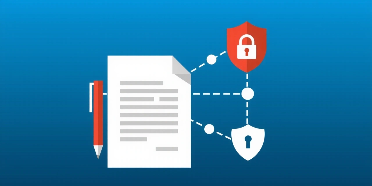 Imagen abstracta que representa documentos legales, privacidad y seguridad de datos, con elementos gráficos de candados y escudos.